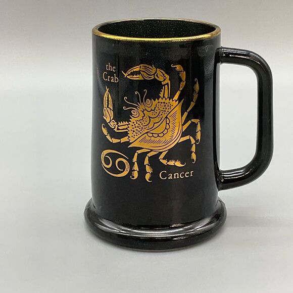 Cancer Zodiac Vintage Coffee Tea Stein Mug Federal Glass Black Gold - Picture 1 of 10
